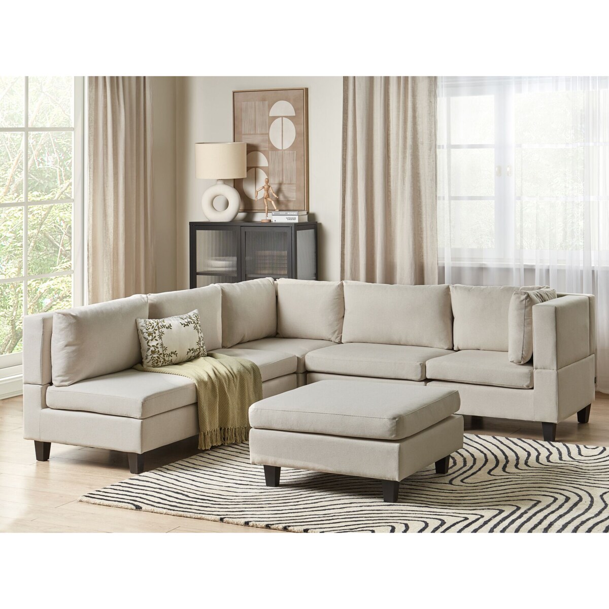 Tapicerowany lewostronny narożnik modułowy 5-osobowy z otomaną jasnobeżowy UNSTAD