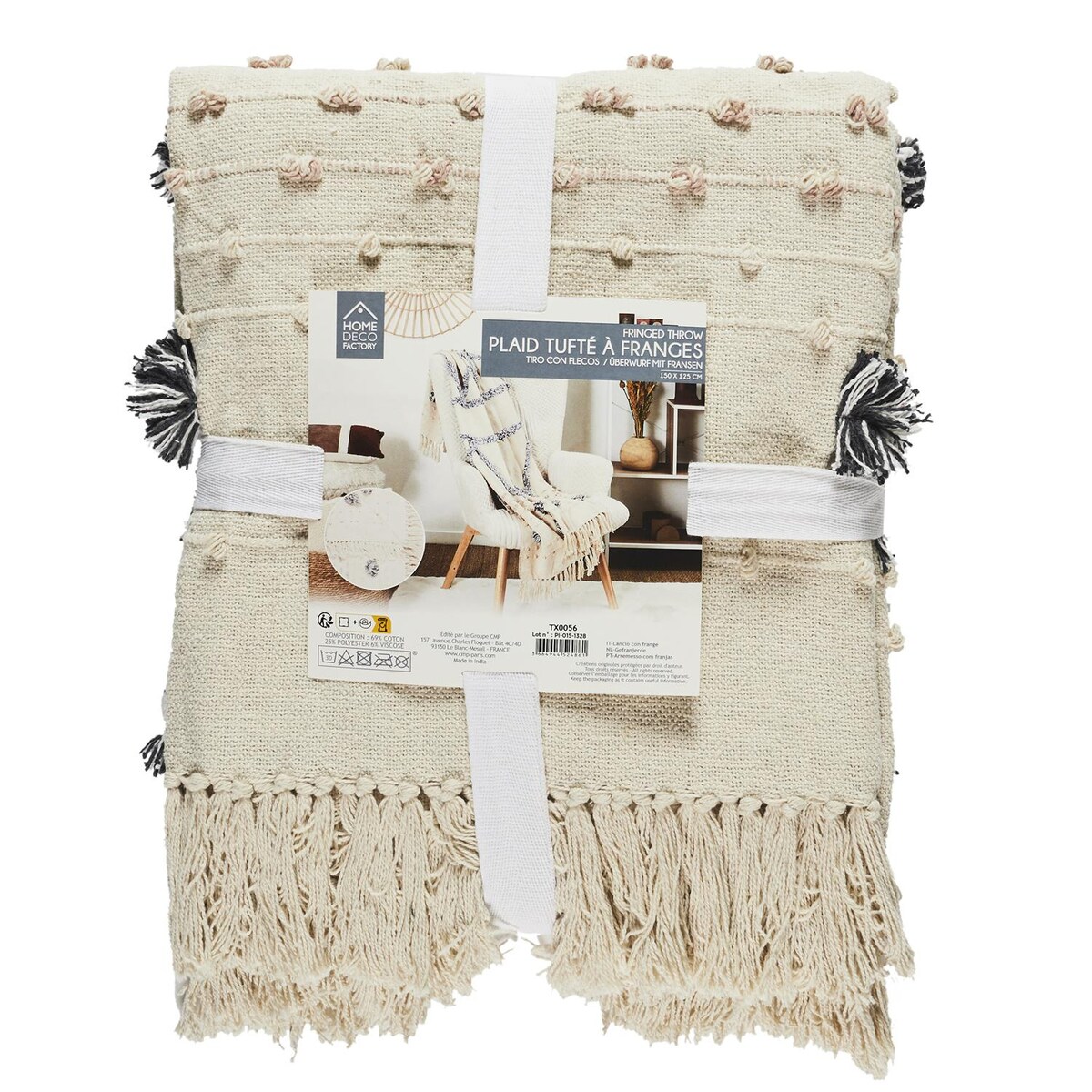 Koc boho Tuffo kremowy z frędzlami na kanapę do salonu ciepły i miękki 150x125 cm