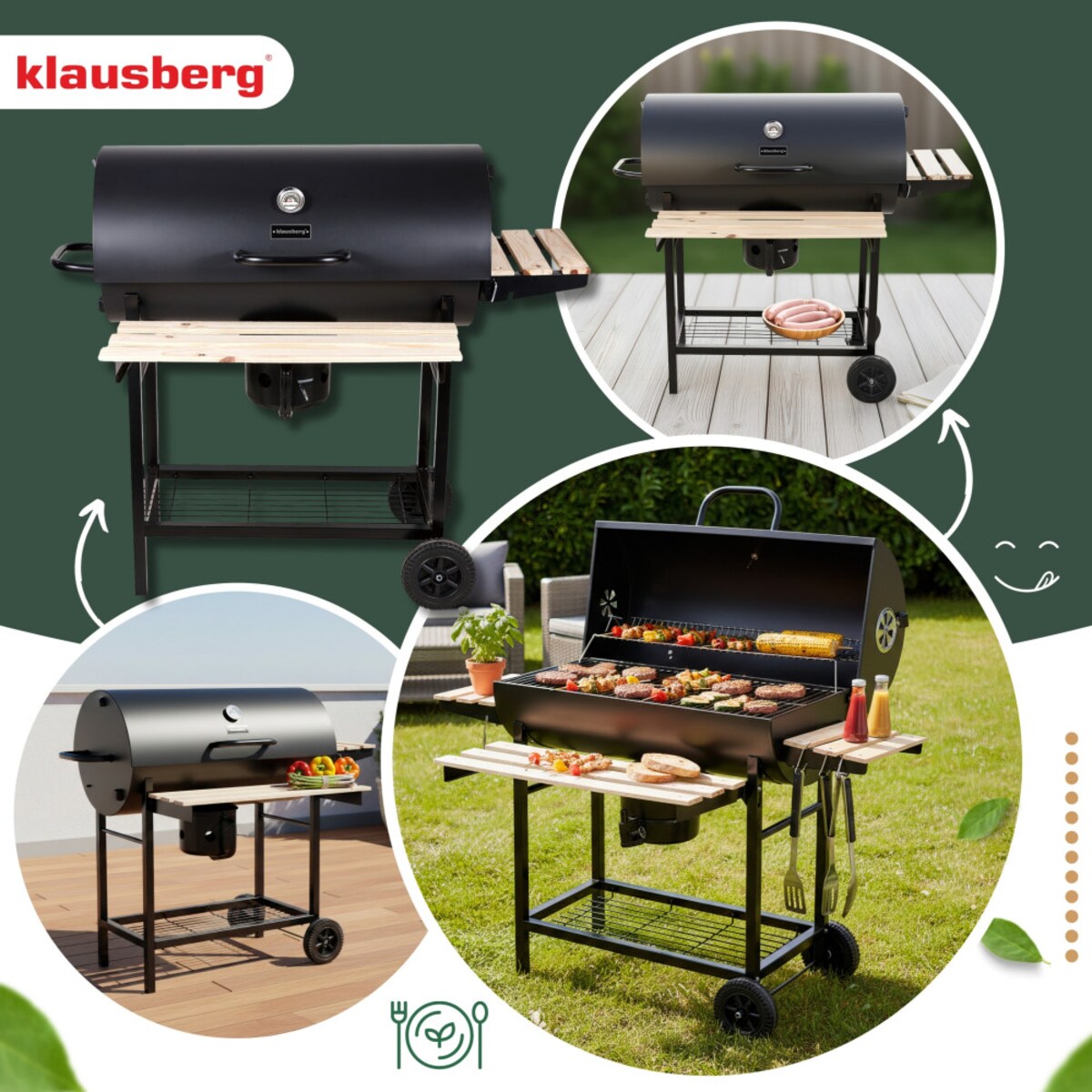 Duży grill ogrodowy węglowy pokrywa + półki + popielnik popielnica KLAUSBERG