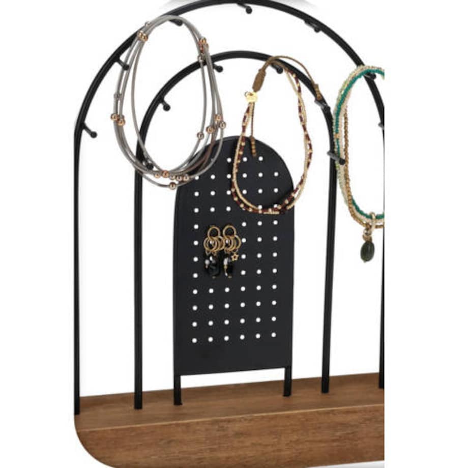 Metalowy stojak na biżuterię, drewniana podstawka, 18 x 4,5 cm