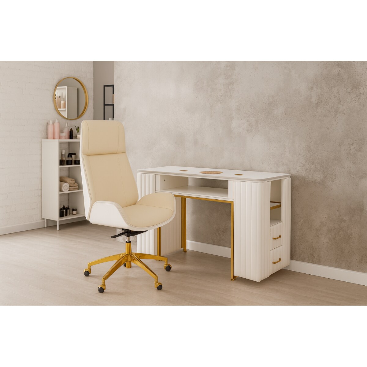 Biurko kosmetyczne z otworem na pochłaniacz biało-złote 130x45x78