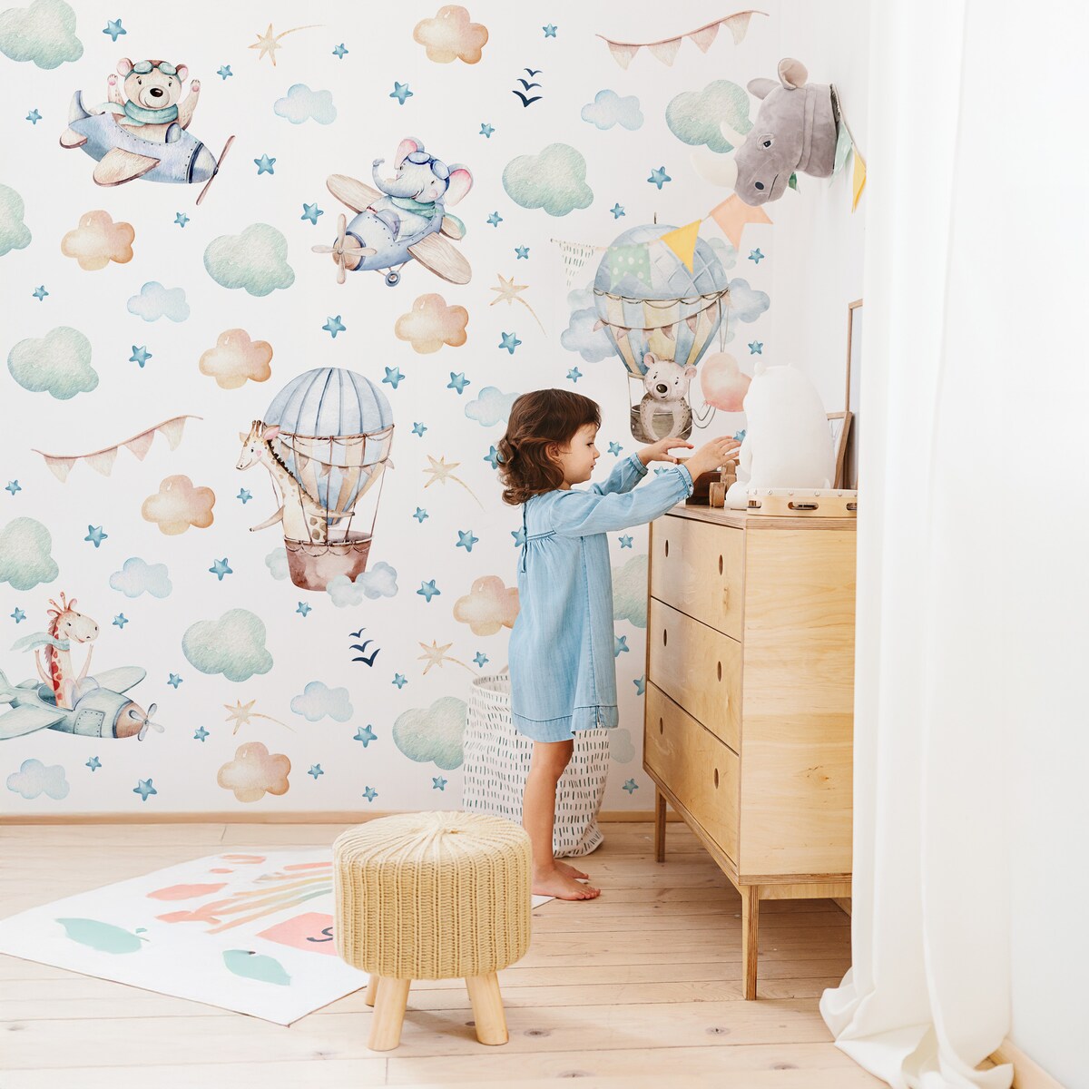 Naklejki Dla Dzieci Zwierzątka Misie Żyrafy Balony Chmurki Gwiazdy ZESTAW 120x60cm