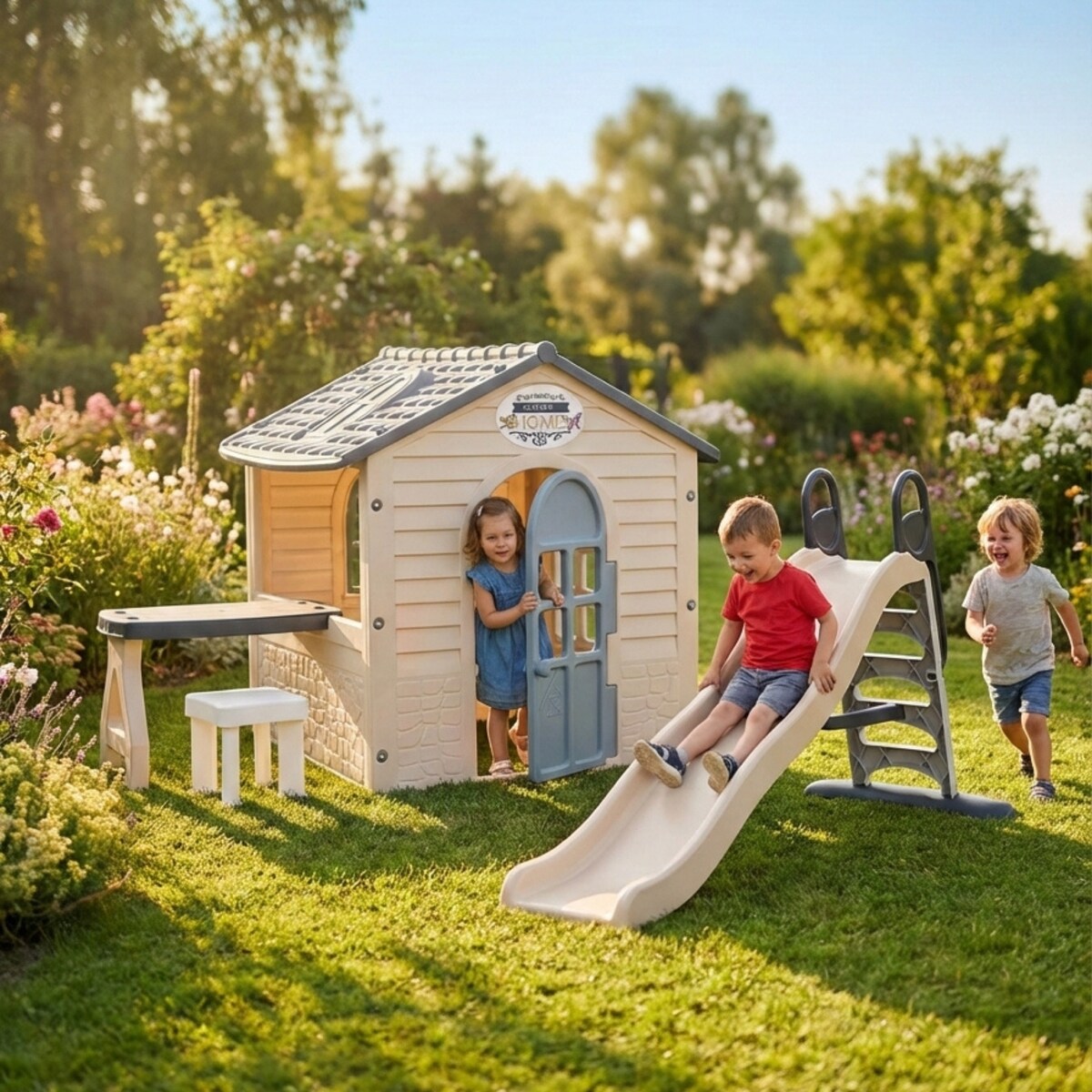 Domek ogrodowy dla dzieci ze stolikiem + zjeżdzalnia XXL do zabawy w ogrodzie zestaw beżowy