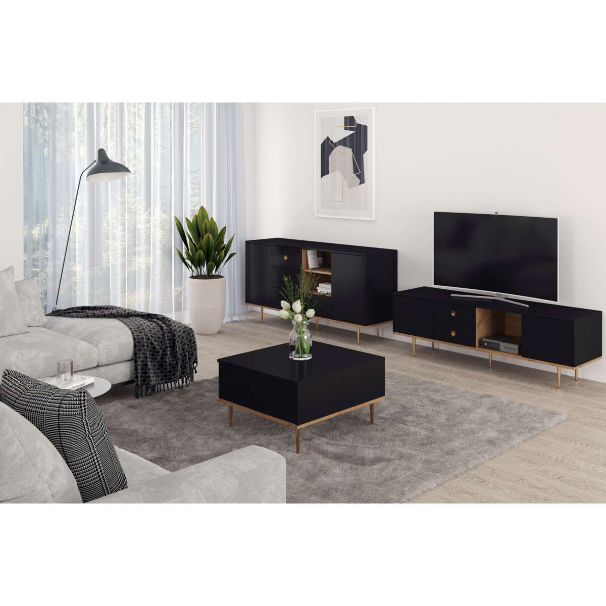 Czarny nowoczesny stolik kawowy Skandica HARMONI z otwieranym blatem