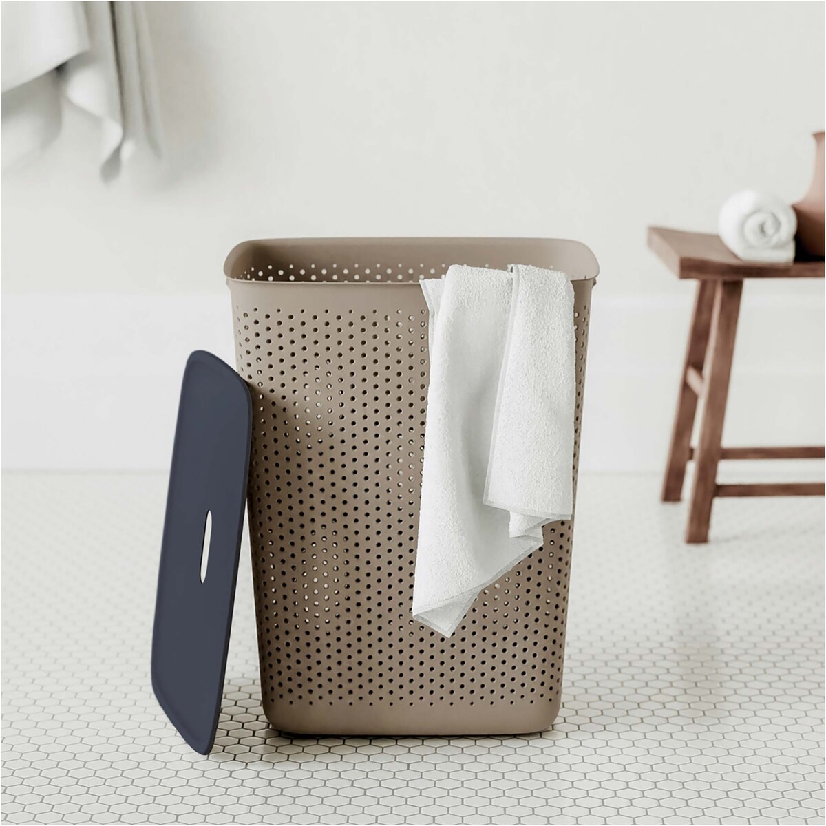 Kosz Na Pranie Bieliznę Wolnostojący Łazienkowy 60 L Duży Brązowy