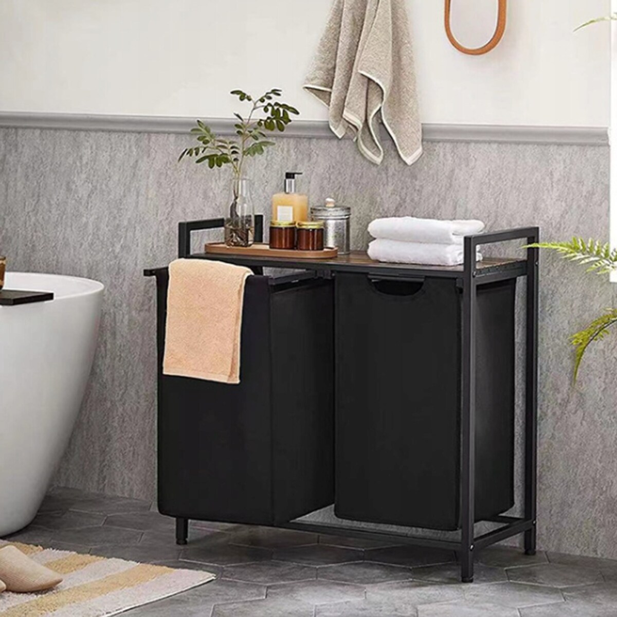 Kosz na pranie dwukomorowy duży z półką industrialny regał pojemnik loft