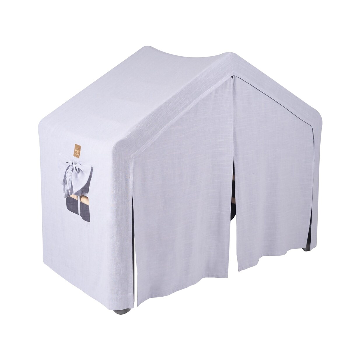 Duży Domek z Drabinką dla Dzieci 112x61x94cm, Drewno, Len, Wiskoza, Szaroniebieski Domek, Szara Drabinka