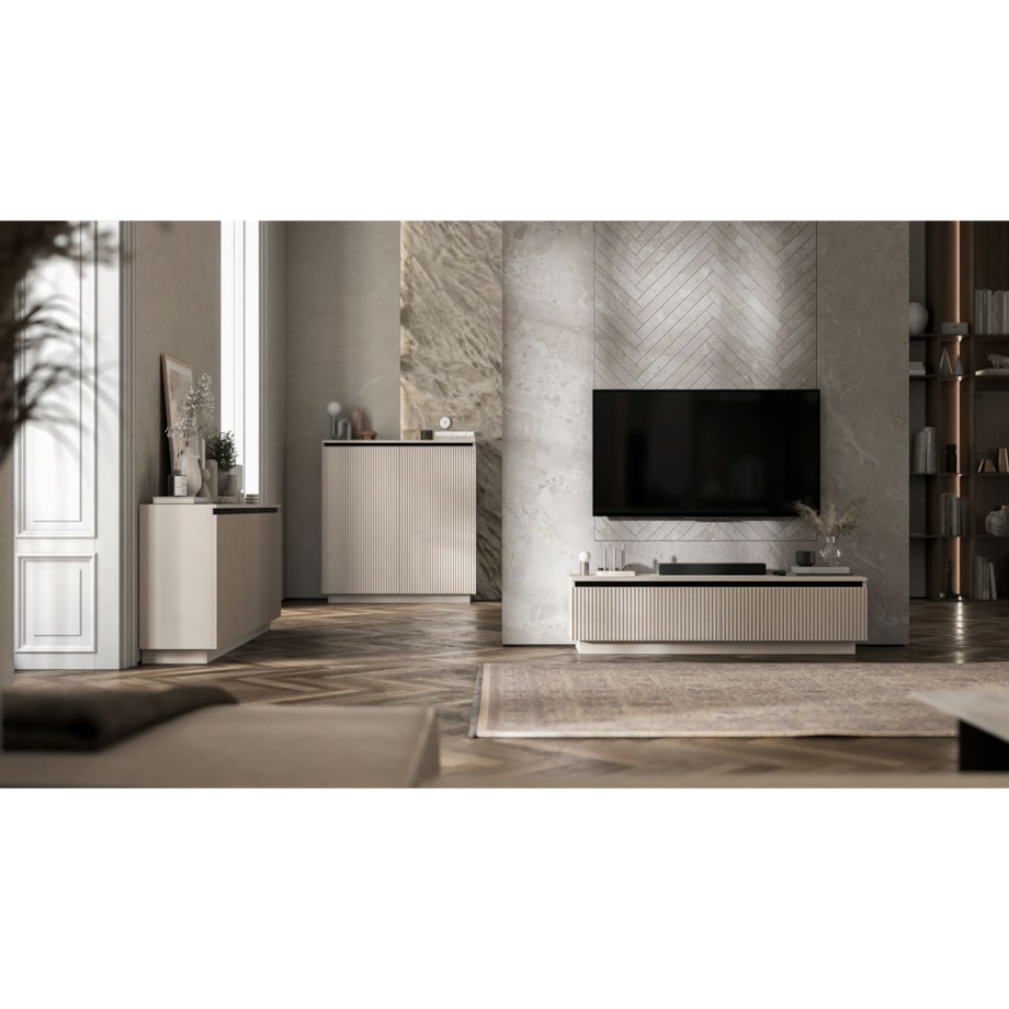 Nowoczesna Szafka RTV Glamour Komoda RTV Kaszmir Mat 280 cm ryflowane fronty