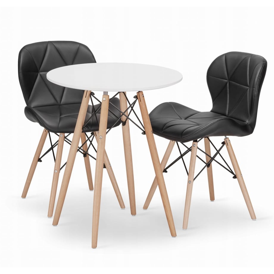 Zestaw Stół+ 2 Krzesła Czarne Do Jadalni Kuchni Salonu Biura Okrągły Biały