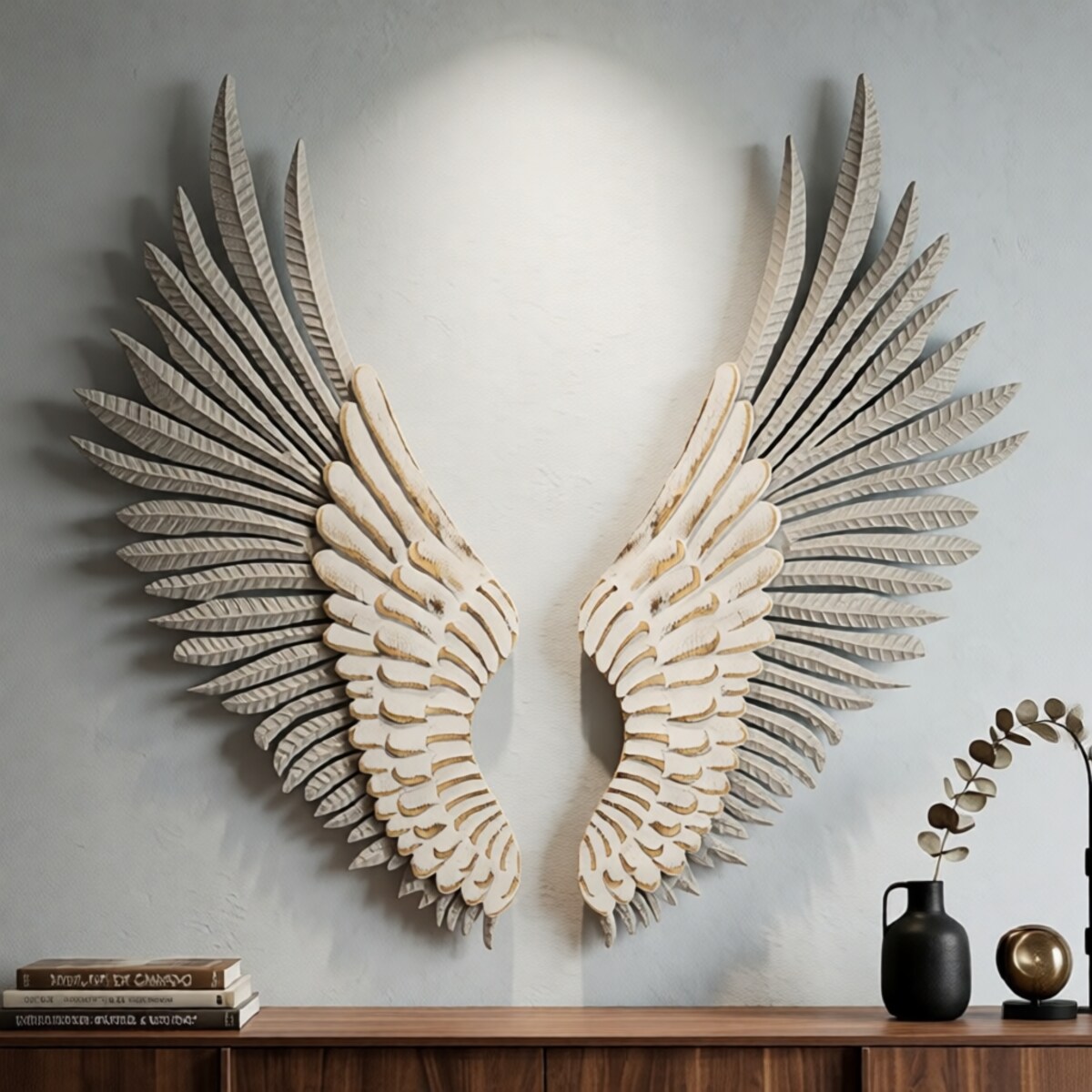 Zestaw 2 dekoracji ściennych Wings, kolor bielony, żelazo i płyta MDF, do salonu i przedpokoju, Mauro Ferretti
