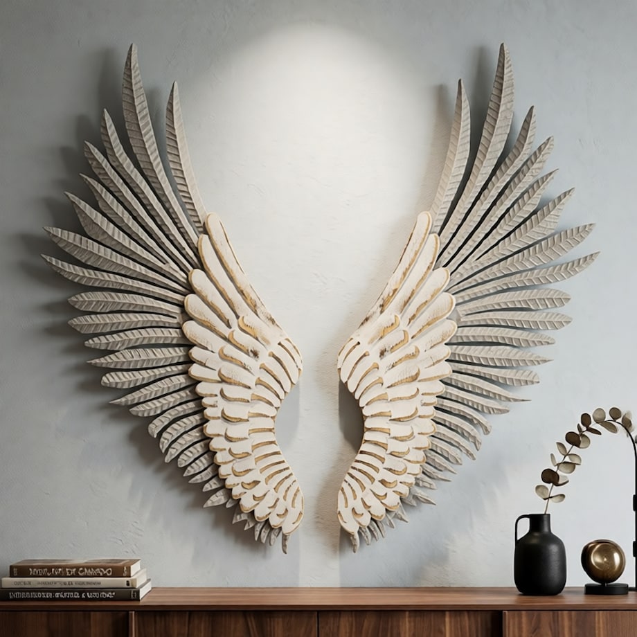 Zestaw 2 dekoracji ściennych Wings, kolor bielony, żelazo i płyta MDF, do salonu i przedpokoju, Mauro Ferretti