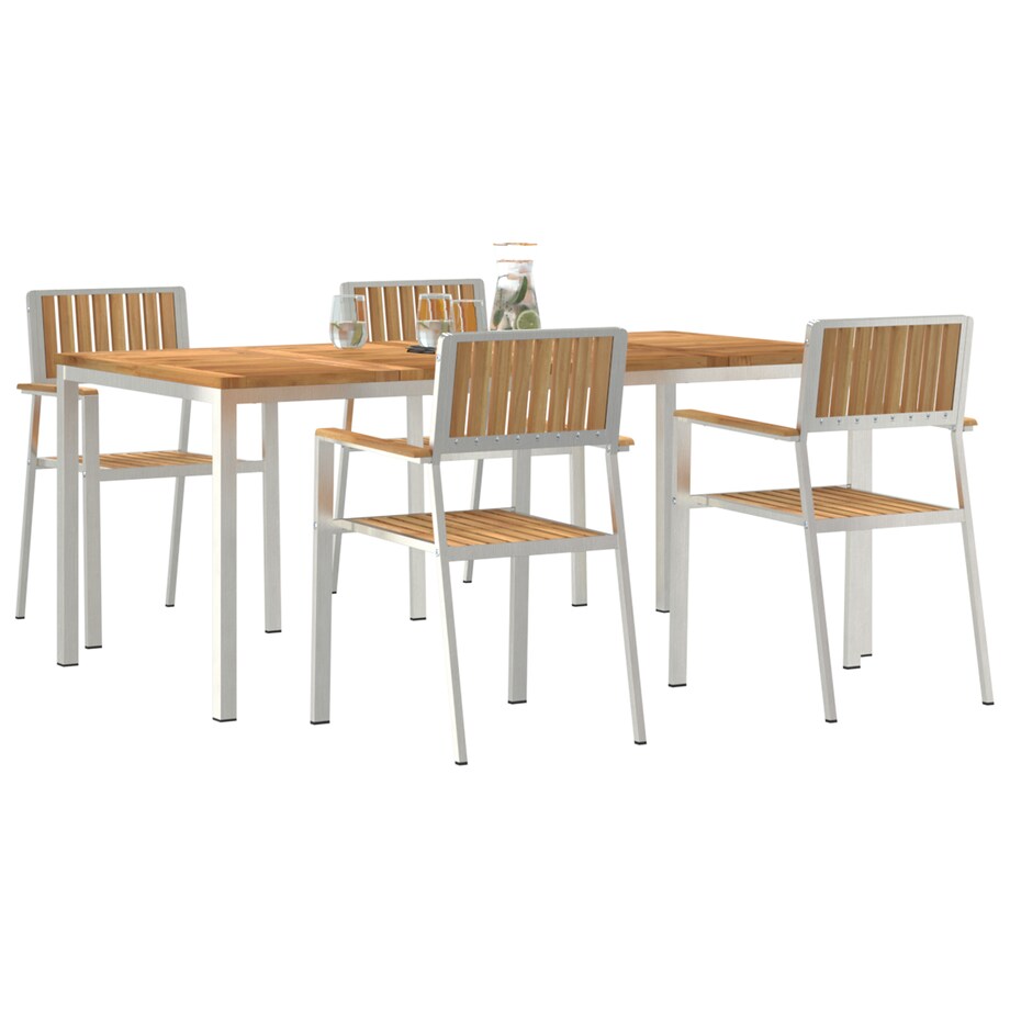 5-częściowy zestaw do jadalni ogrodowej vidaXL z litego drewna tekowego, Stół do jadalni vidaXL na świeżym powietrzu 180x90x75 cm z litego drewna tekowego, Zawiera 4 krzesła ogrodowe vidaXL z litego drewna tekowego i metalu