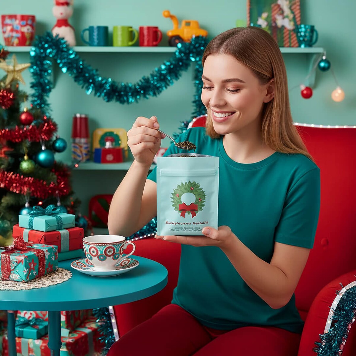ŚWIĄTECZNA TOREBKA HERBATA ZIELONA LIŚCIASTA "BOŻONARODZENIOWA" - PREZENT UPOMINEK NA MIKOŁAJA ŚWIĘTA GWIAZDKĘ BOŻE NARODZENIE POD CHOINKĘ DLA KOBIETY FACETA