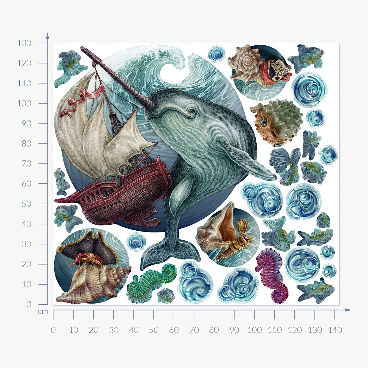 Zestaw naklejek na ścianę, Morskie zwierzęta, 130cm