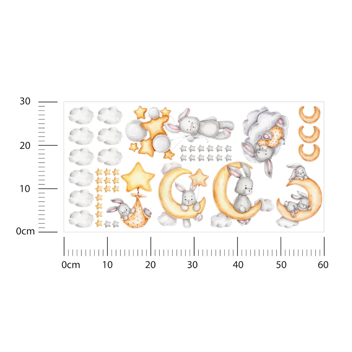 Naklejki Ścienne Dla Dzieci Szare Króliczki Chmurki Gwiazdy Księżyce ZESTAW 60x30cm