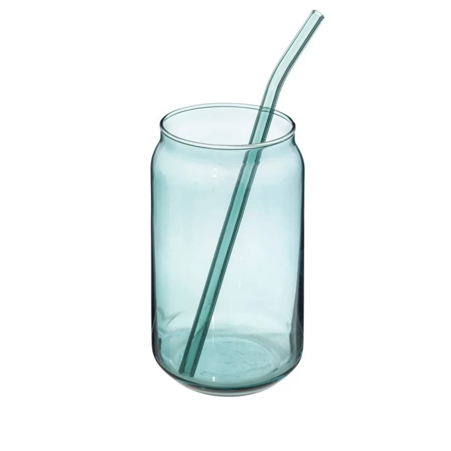 Szklanka szklana do napojów z rurką niebieska