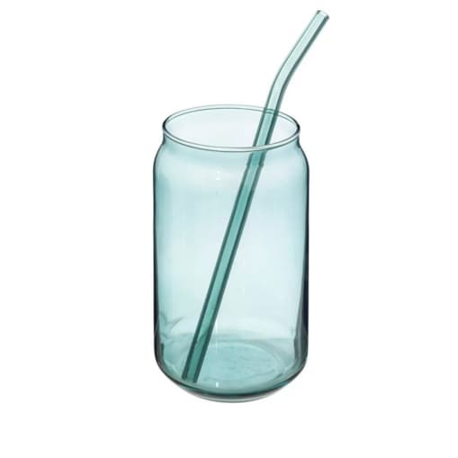 Szklanka szklana do napojów z rurką niebieska