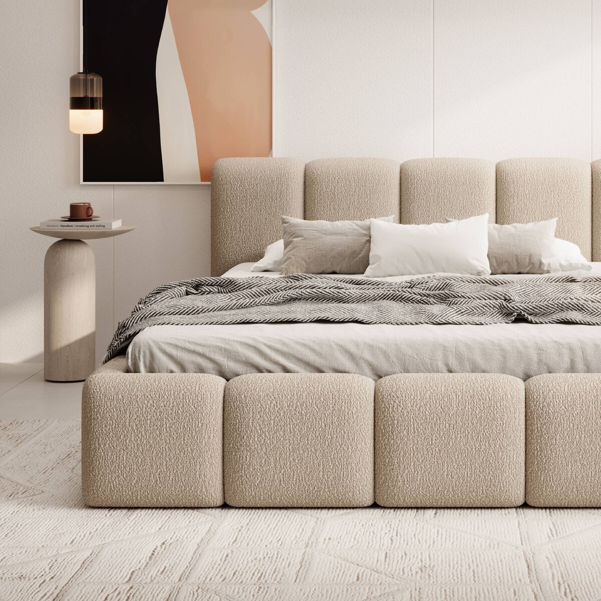 Łóżko tapicerowane 160x200 cm beżowe bouclé Fera