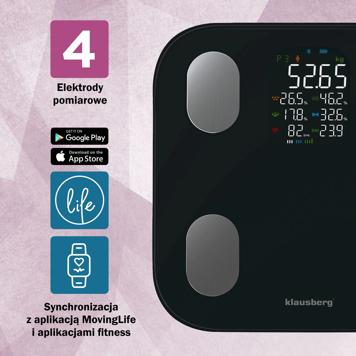 Waga łazienkowa z pomiarem tkanki tłuszczowej i składu ciała, Smart, BT, KLAUSBERG czarna
