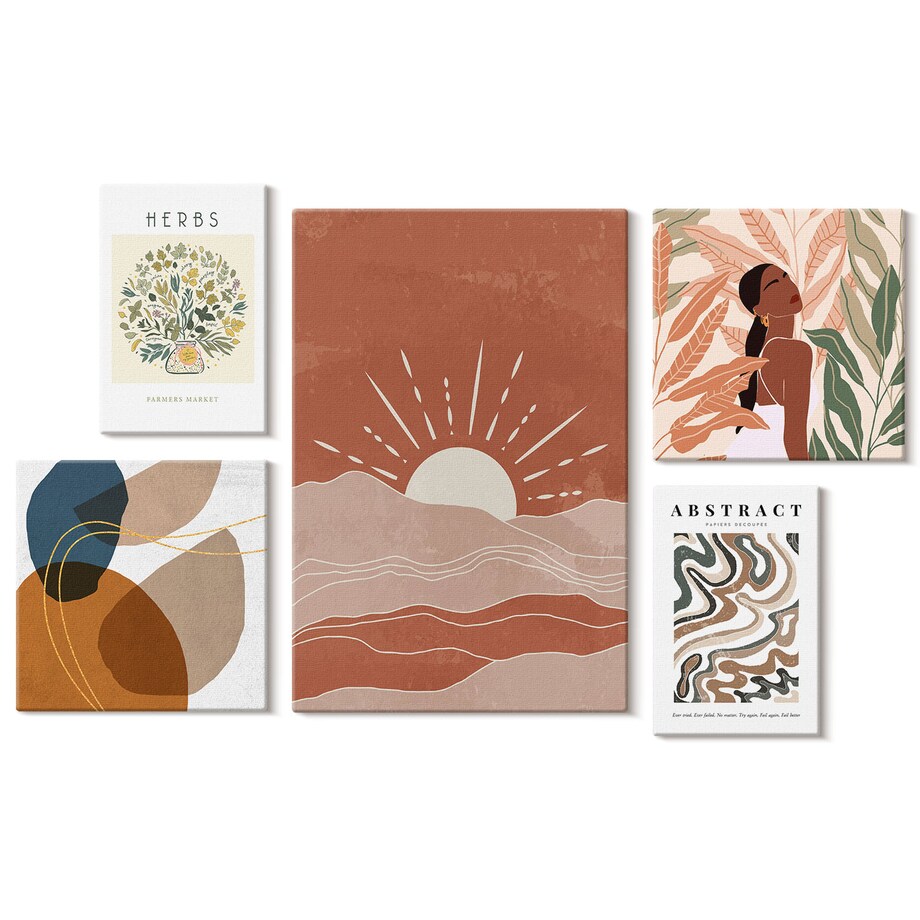Zestaw 5 obrazów na płótnie - Styl boho roślinne motywy abstrakcyjne - brązowy