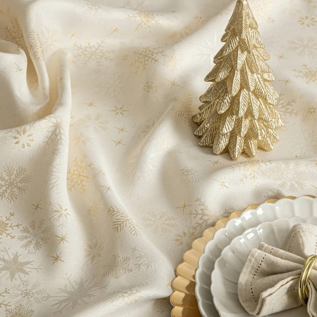 Obrus świąteczny, żakardowy, beżowo-złoty w gwiazdy, 140x360 cm