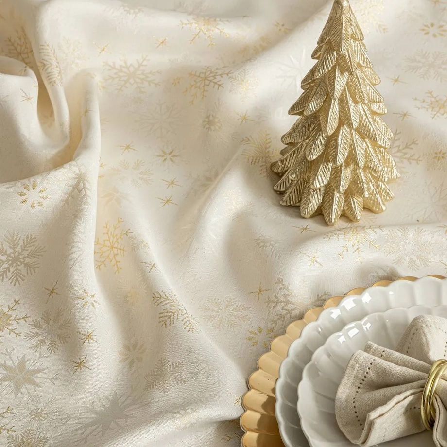 Obrus świąteczny, żakardowy, beżowo-złoty w gwiazdy, 140x360 cm