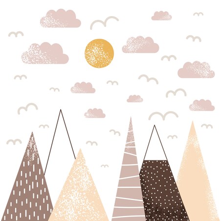 NAKLEJKI ŚCIENNE DLA DZIECI BRĄZOWE GÓRY PTAKI SŁOŃCE CHMURKI ZESTAW