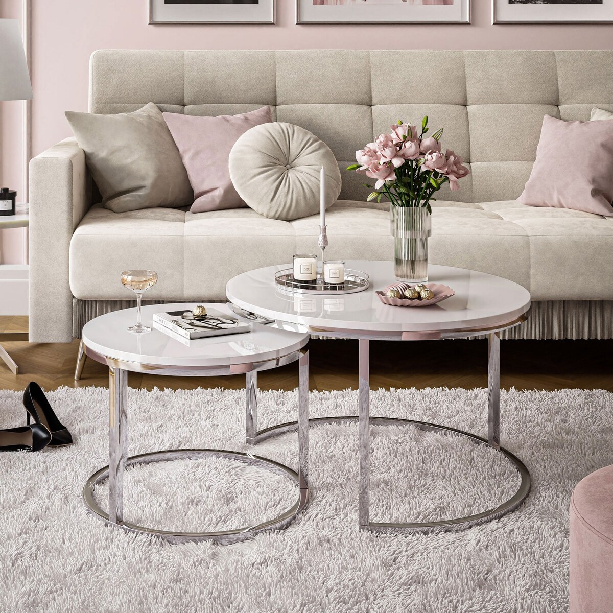 Okrągła ława 2w1 CIRI chrom biały połysk