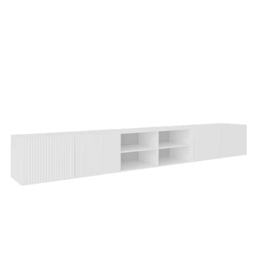 Szafka RTV NOELI 300 otwarta z półkami do salonu, ryflowana-biała