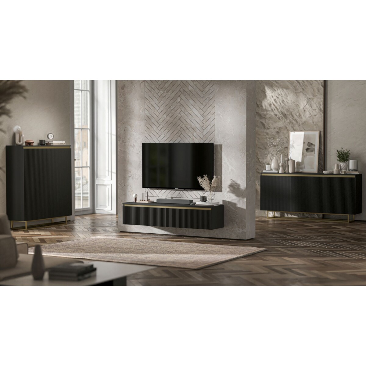 Wisząca Szafka RTV Glamour Komoda RTV Czarny Mat 280 cm ryflowane fronty