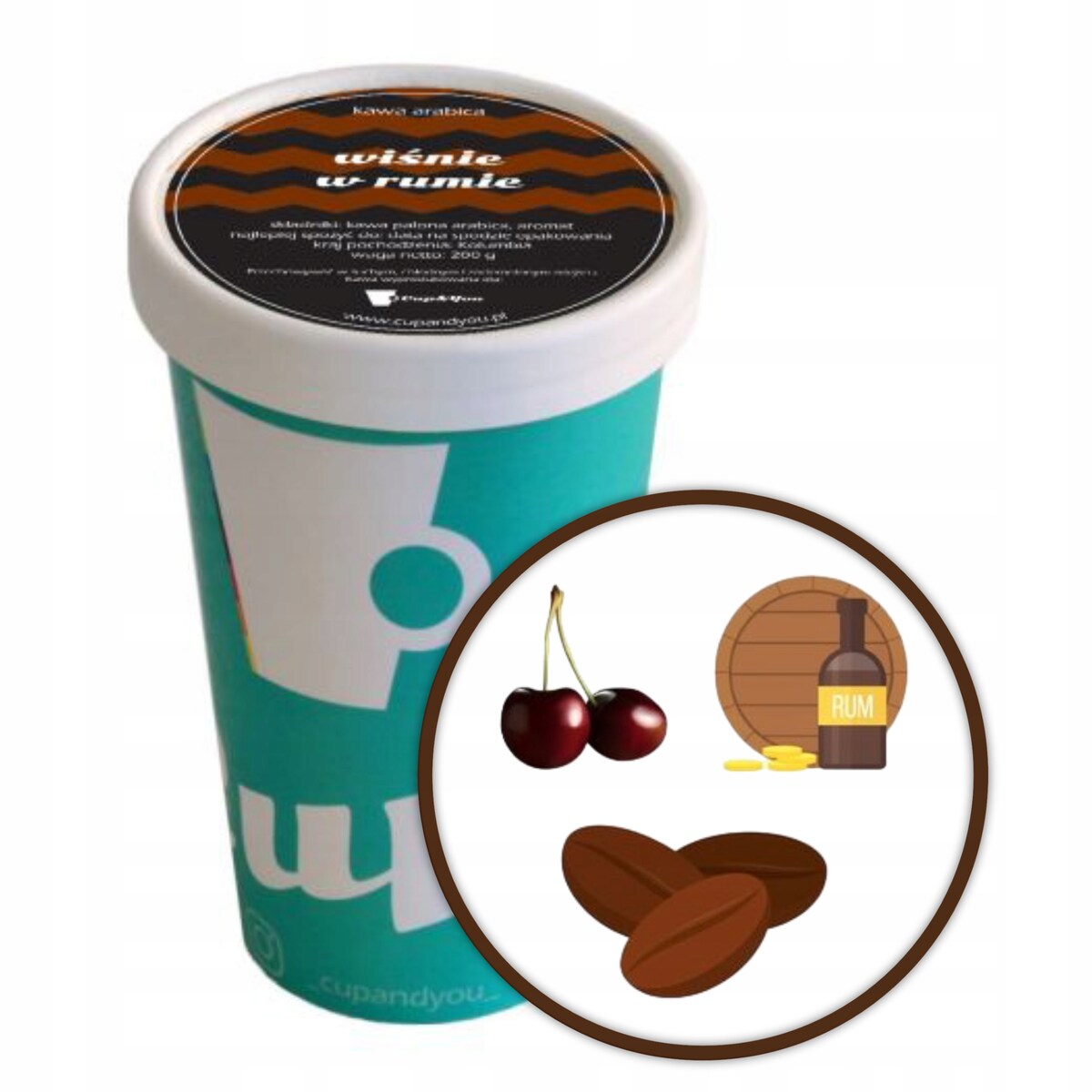 Kawa aromatyzowana smakowa WIŚNIE W RUMIE ziarnista ARABICA 200g premium - kawa deserowa