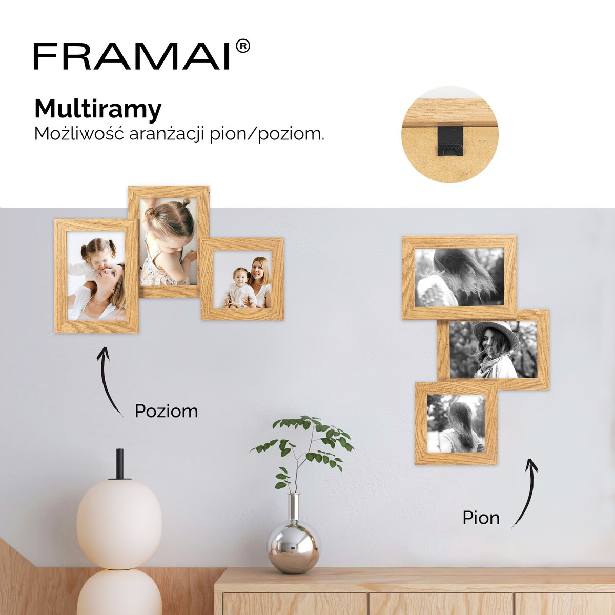 Multirama ramka na zdjęcia. W kolorze dębowym multirama na trzy zdjęcia 10x15 cm 10x10 cm Ramka na zdjęcia 3 w 1 MULTI HEN 4 FRAMAI®