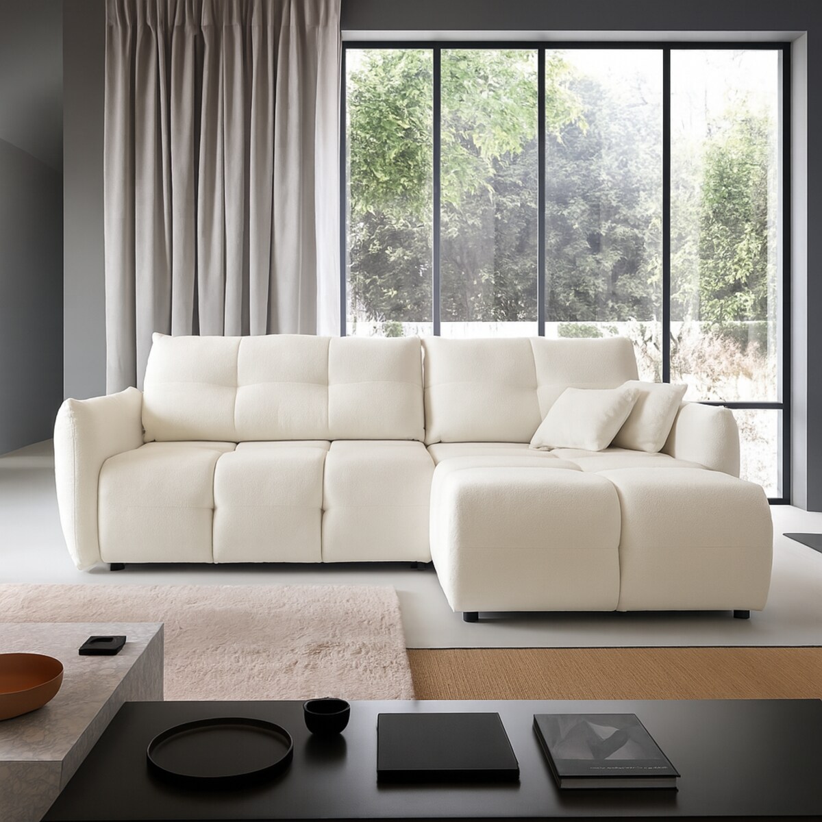 Narożnik z funkcją spania do salonu BOSE, prawostronny, śmietankowy