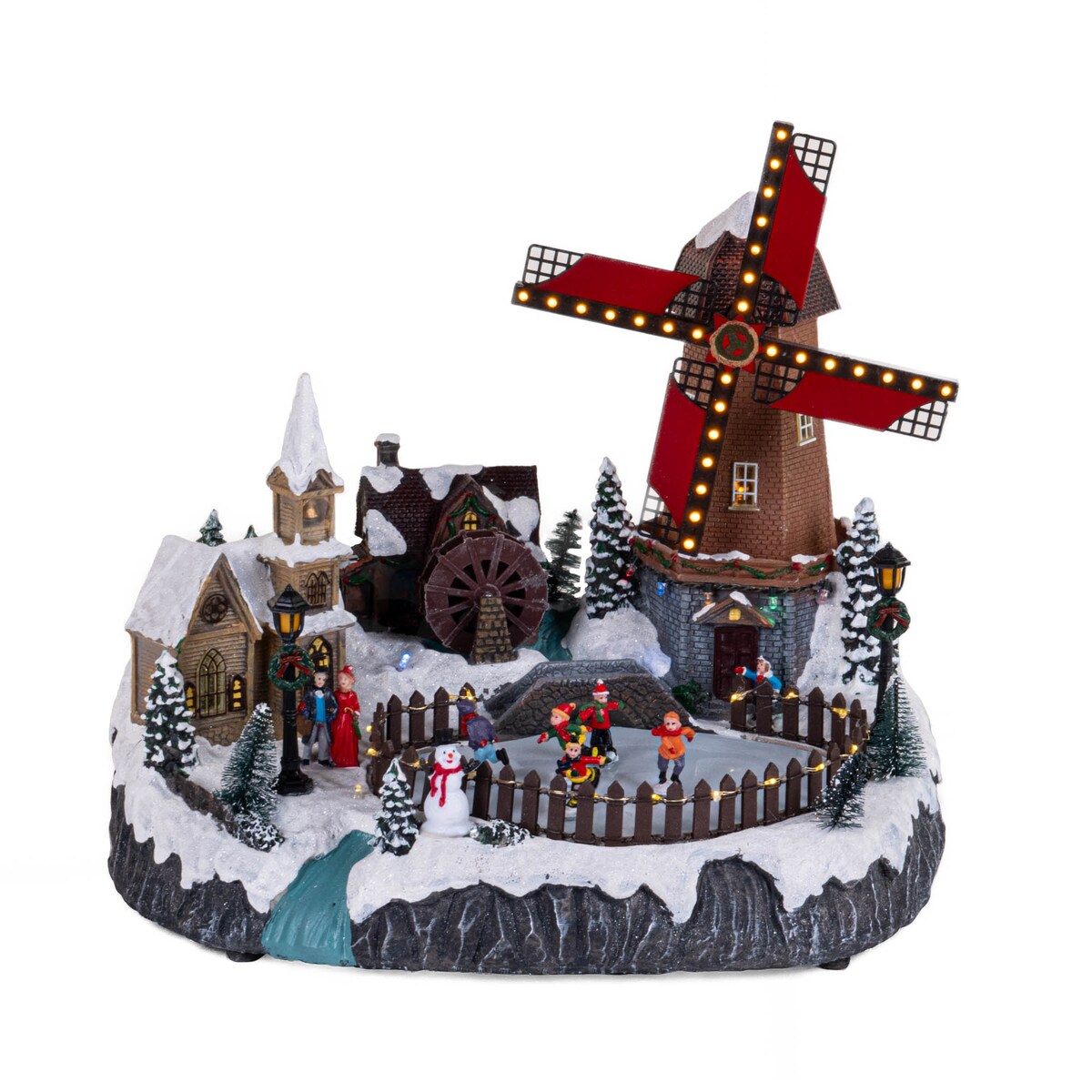 Miasteczko bożonarodzeniowe z ruchomym wiatrakiem, LED, 38 x 27,5 x 33 cm, żywica poliestrowa