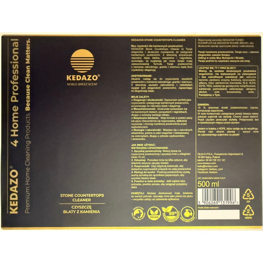 Płyn do czyszczenia marmuru, granitu, spieków i... -KEDAZO Stone Countertops Cleaner — zawsze bez smug, zawsze elegancko.