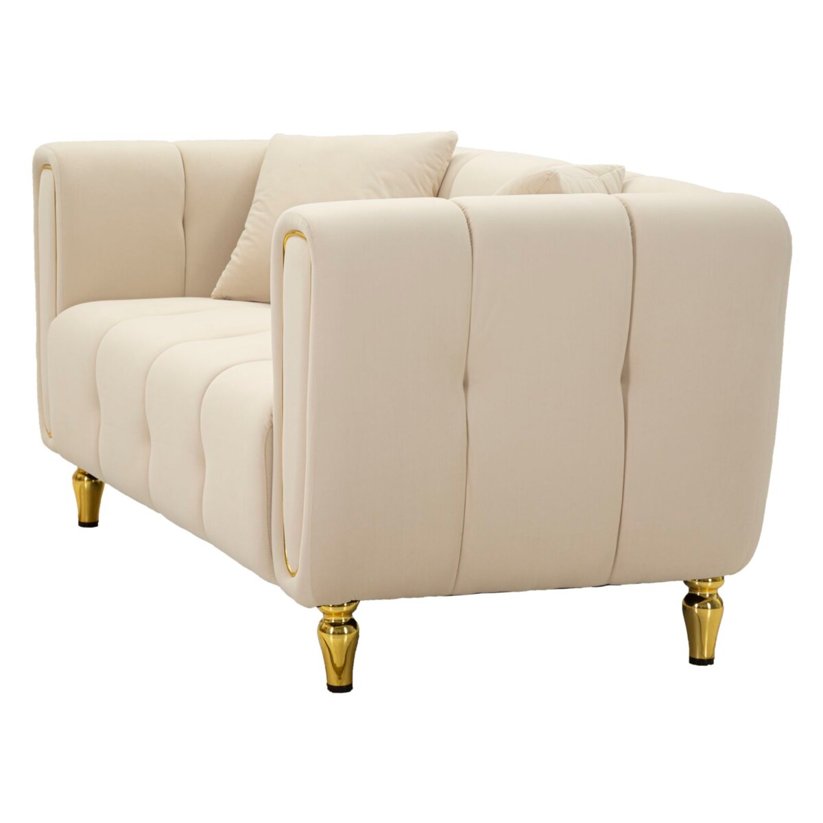 Sofa Alma, kolor kremowy i złoty, poliester, drewno eukaliptusowe, drewno sosnowe, sklejka i metal, 81 x 155 x 71 cm, do salonu, Mauro Ferretti