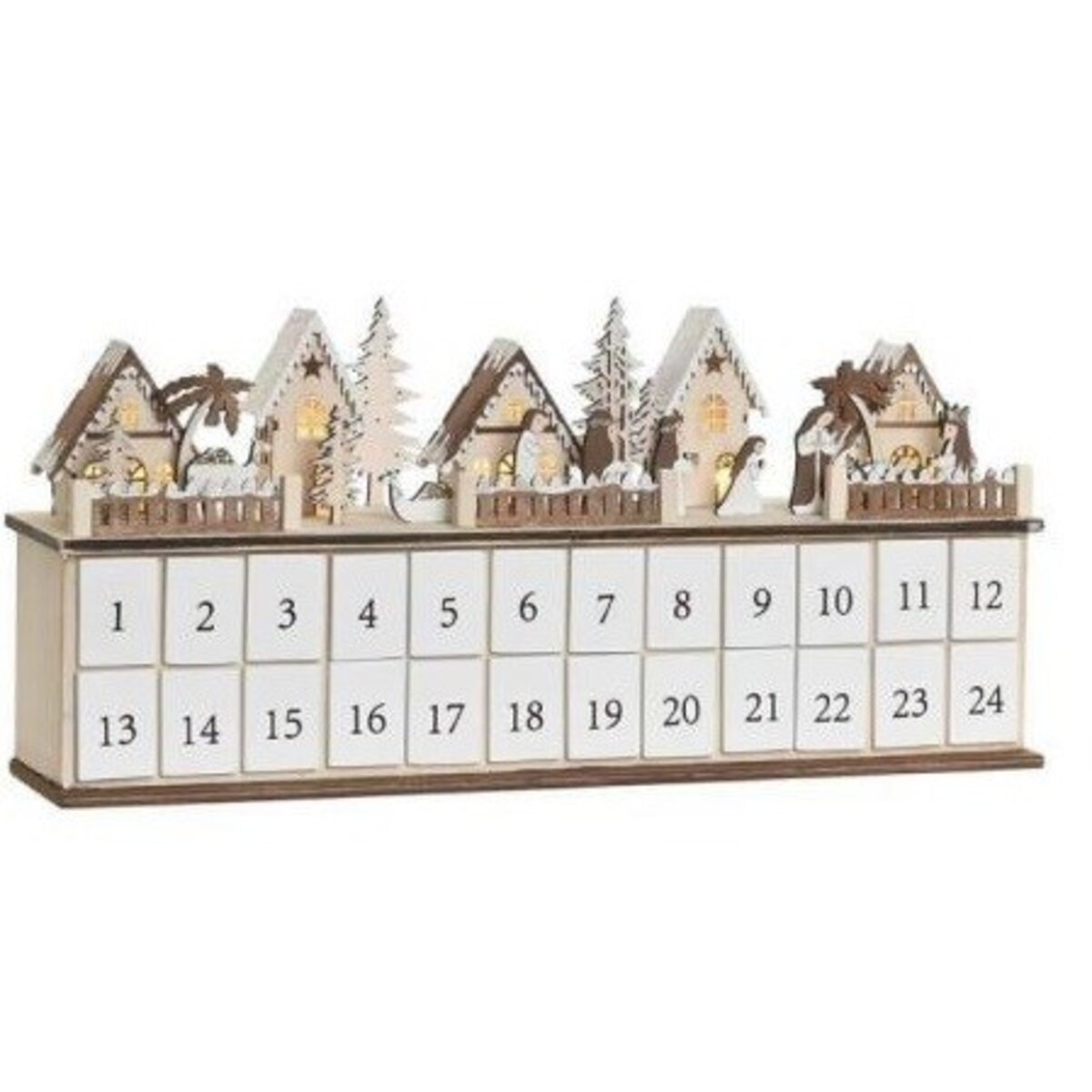 Kalendarz adwentowy LED 23x45x11 cm z 2 domkami o białych dachach