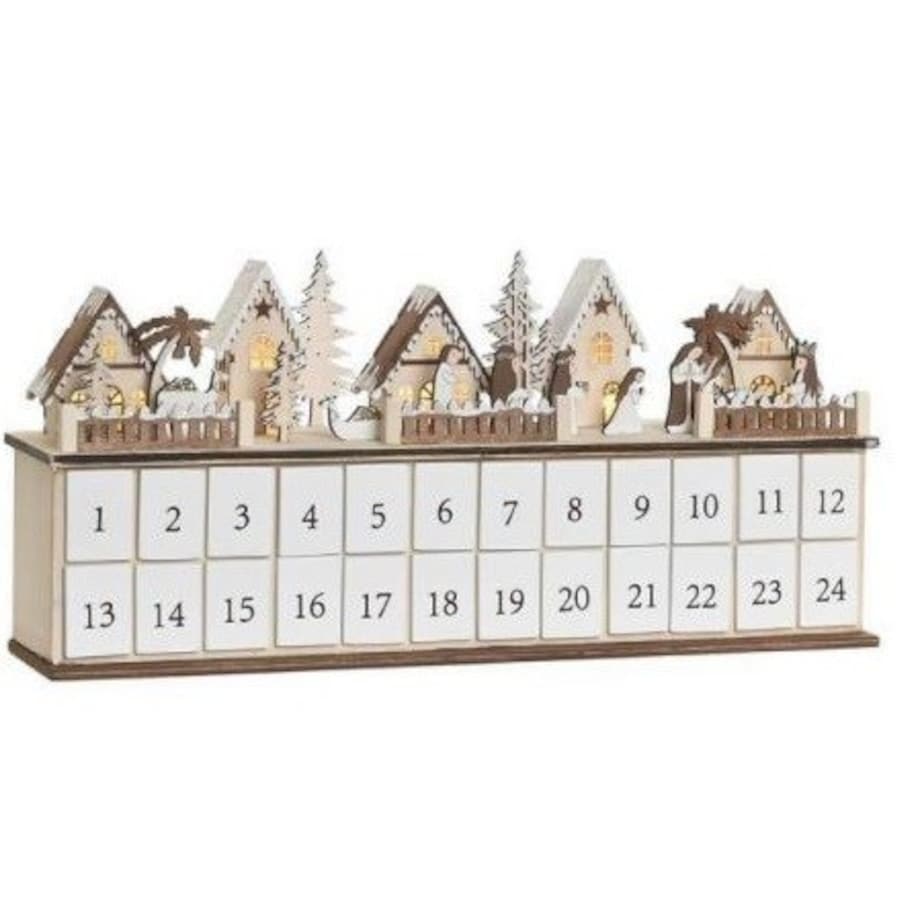 Kalendarz adwentowy LED 23x45x11 cm z 2 domkami o białych dachach