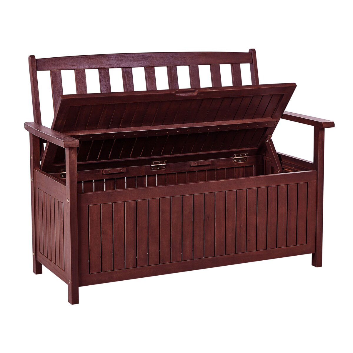 Ławka ogrodowa ze schowkiem 120 cm drewniana mahoniowy brąz z poduszką czerwoną SOVANA