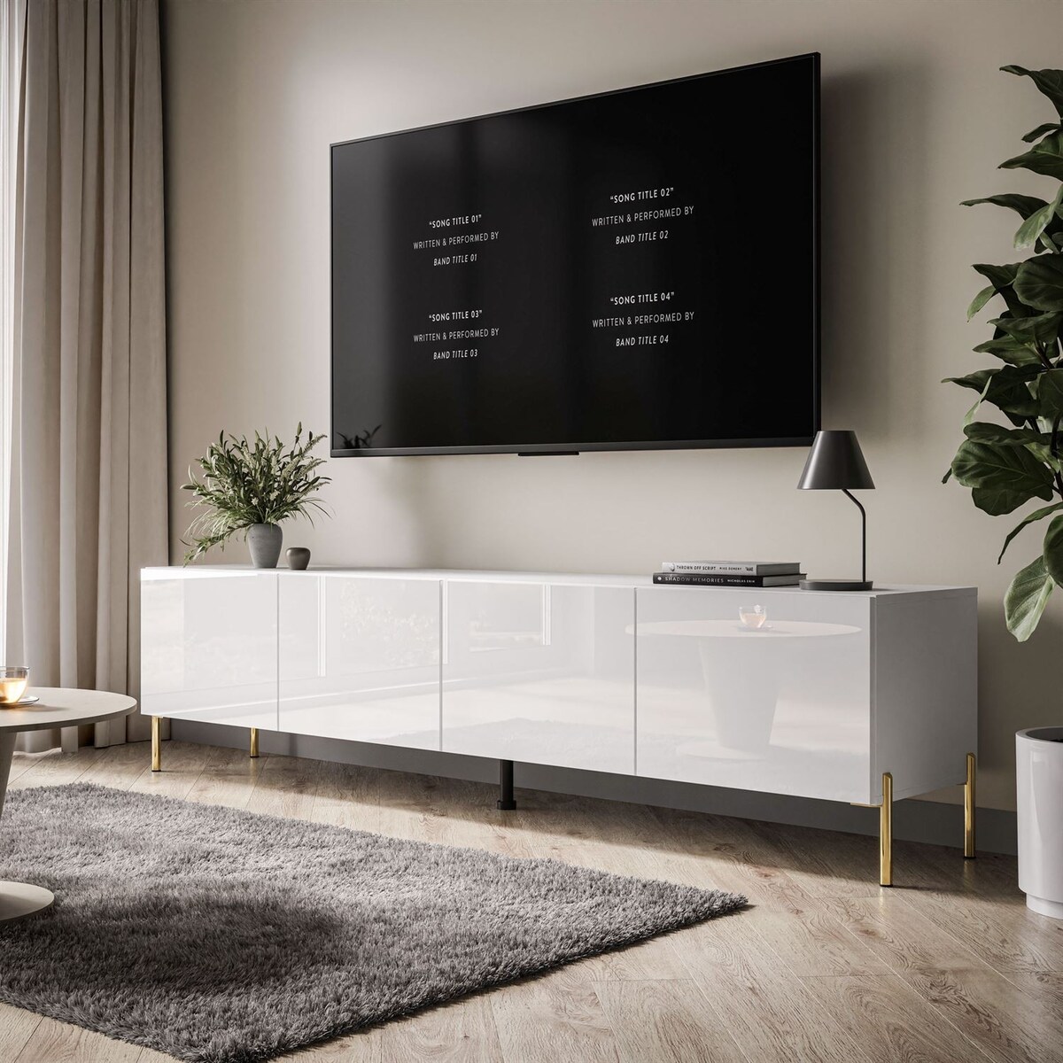 Szafka RTV COLGANTE 200 cm biały połysk nogi złote metalowe