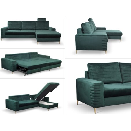 Narożnik rozkładany z zagłówkiem i pojemnikiem OLI, prawostronny, zielony