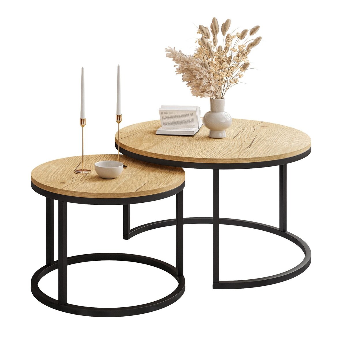 Stolik kawowy okrągły CORRIE 2w1 czarny dąb jasny