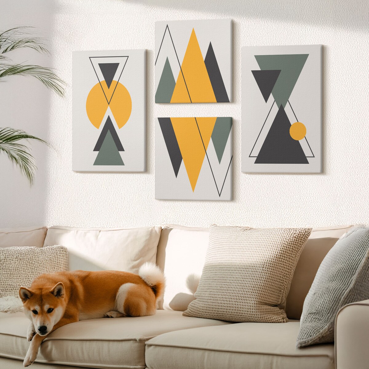 Zestaw 4 obrazów na płótnie - Abstrakcyjne kształty geometria - żółty