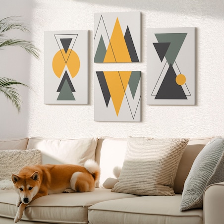 Zestaw 4 obrazów na płótnie - Abstrakcyjne kształty geometria - żółty