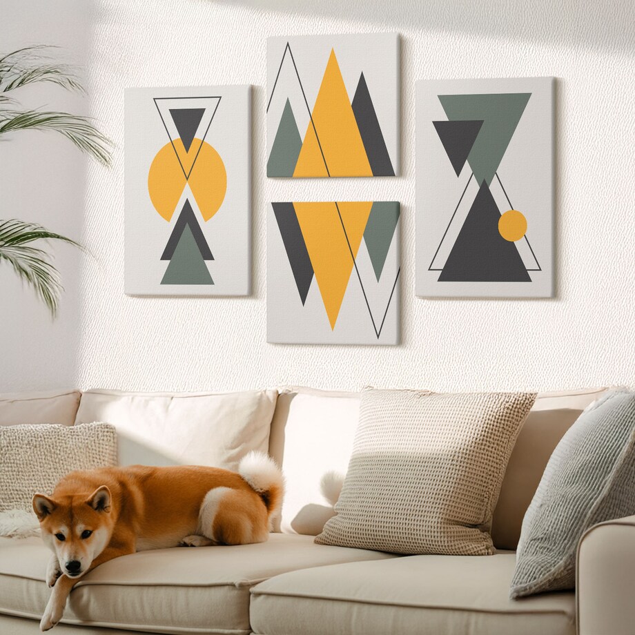 Zestaw 4 obrazów na płótnie - Abstrakcyjne kształty geometria - żółty