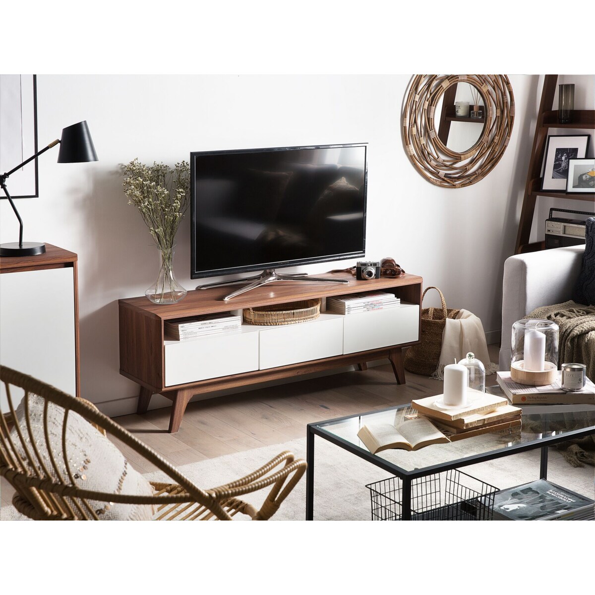 Szafka RTV ciemne drewno z białym SYRACUSE