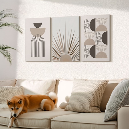 Zestaw 3 dużych obrazów na płótnie - Abstrakcyjne kształty beż brąz - beżowy