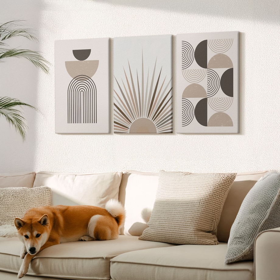 Zestaw 3 dużych obrazów na płótnie - Abstrakcyjne kształty beż brąz - beżowy