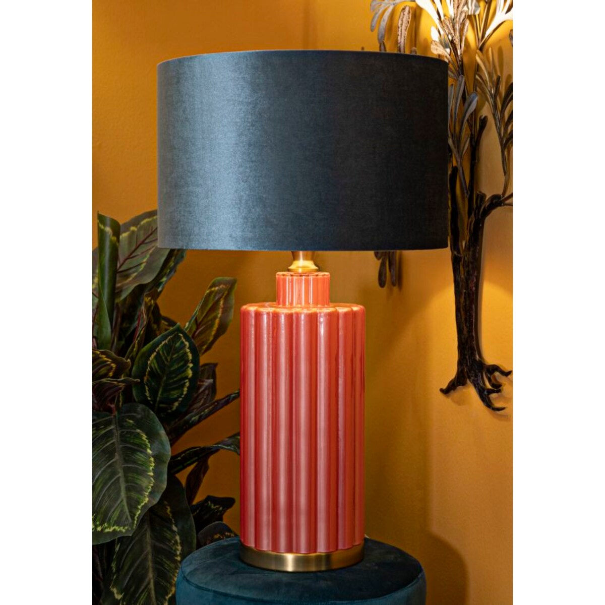 Lampa stołowa Helene Tower, kolor czerwony i niebieski, szkło, żelazo i tkanina, 40 x 40 x 70 cm, 1 x E27, do salonu i sypialni, Mauro Ferretti