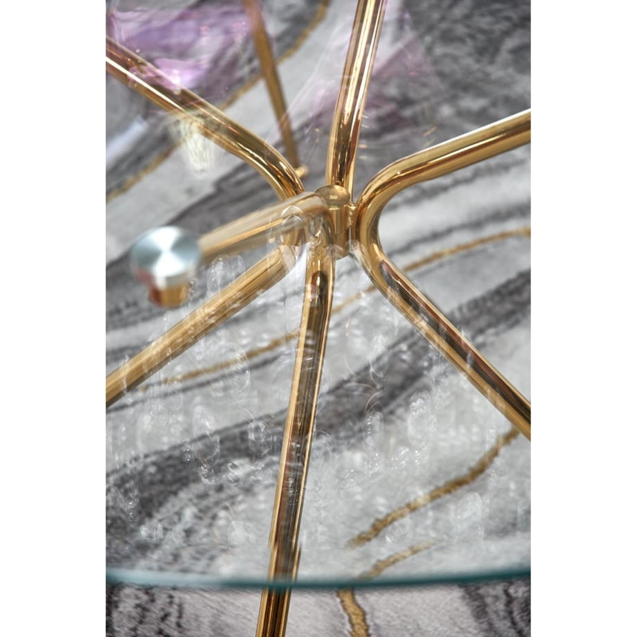 STÓŁ OKRĄGŁY Dore TRANSPARENTNY szklany blat ZŁOTE NOGI